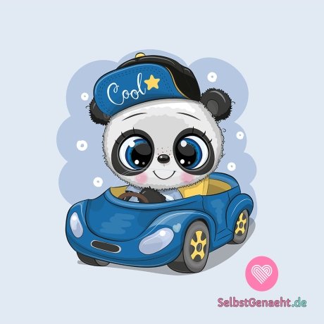 Panel mit coolem Panda in einem blauen Spielzeugauto