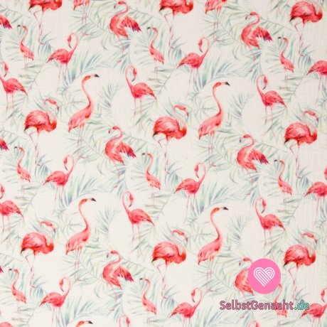 Flamingos mit doppeltem Gaze-/Musselin-Druck auf Weiß