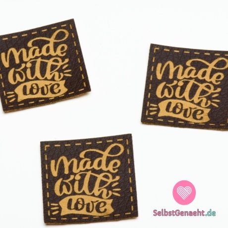 Bekleidungslabel „made with love“, Kunstleder, dunkles Lederimitat