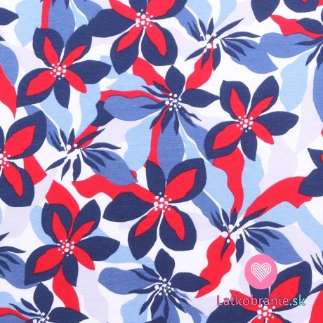 Bavlnený úplet veľké červeno-modré kvety na bielej