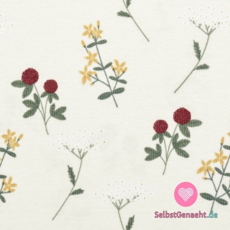 Rippstrick-Print mit Wiesenblumen auf Creme, BIO